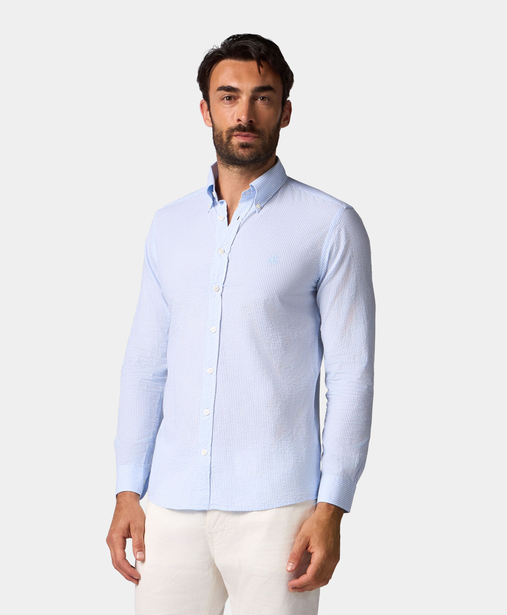 Brooks Brothers Slim Fit Striped Seersucker Button Down Shirt Sky CSHBD013COPCO001SKYF0001
