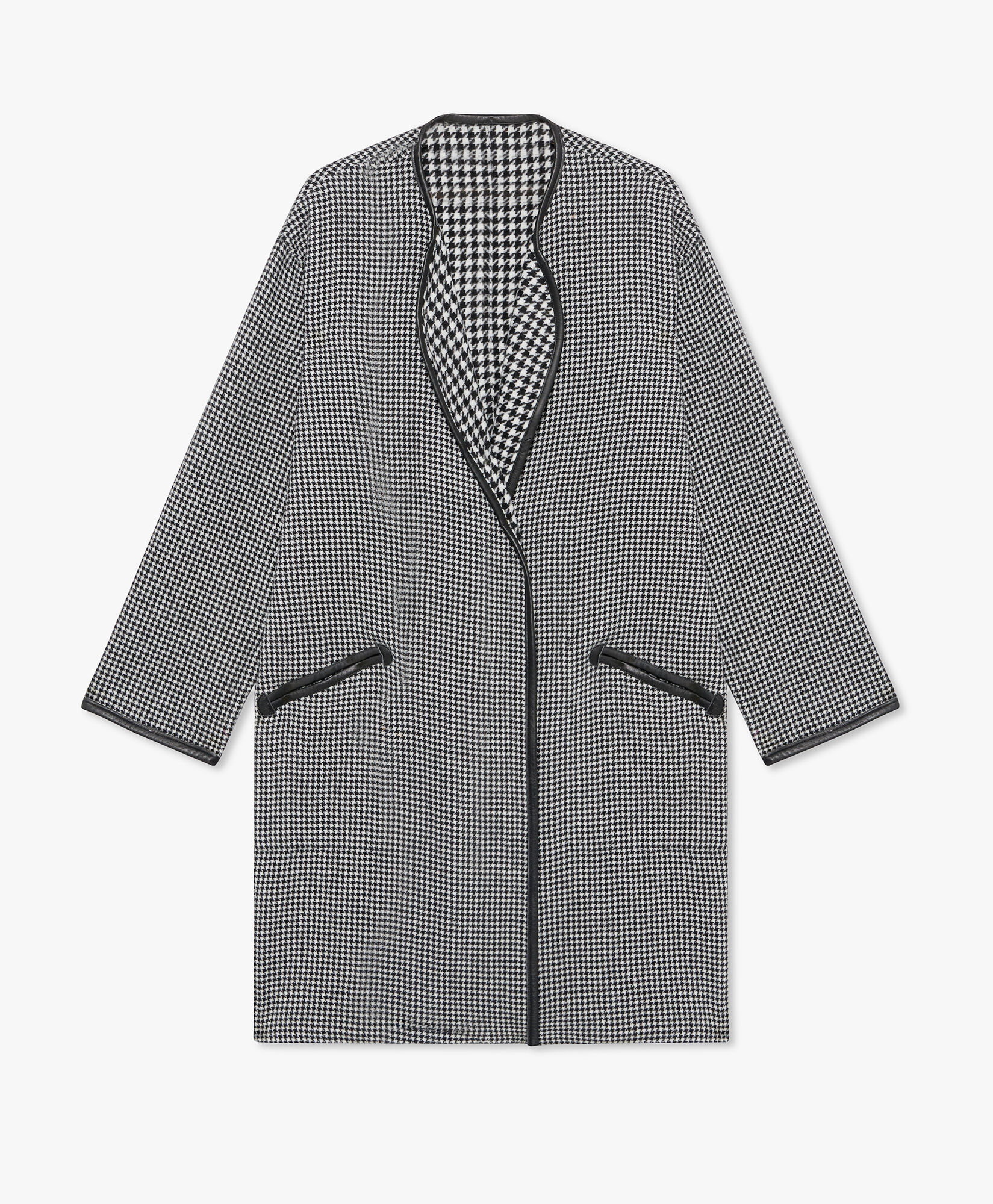 Black and White Wool Blend Reversible Houndstooth Jacket