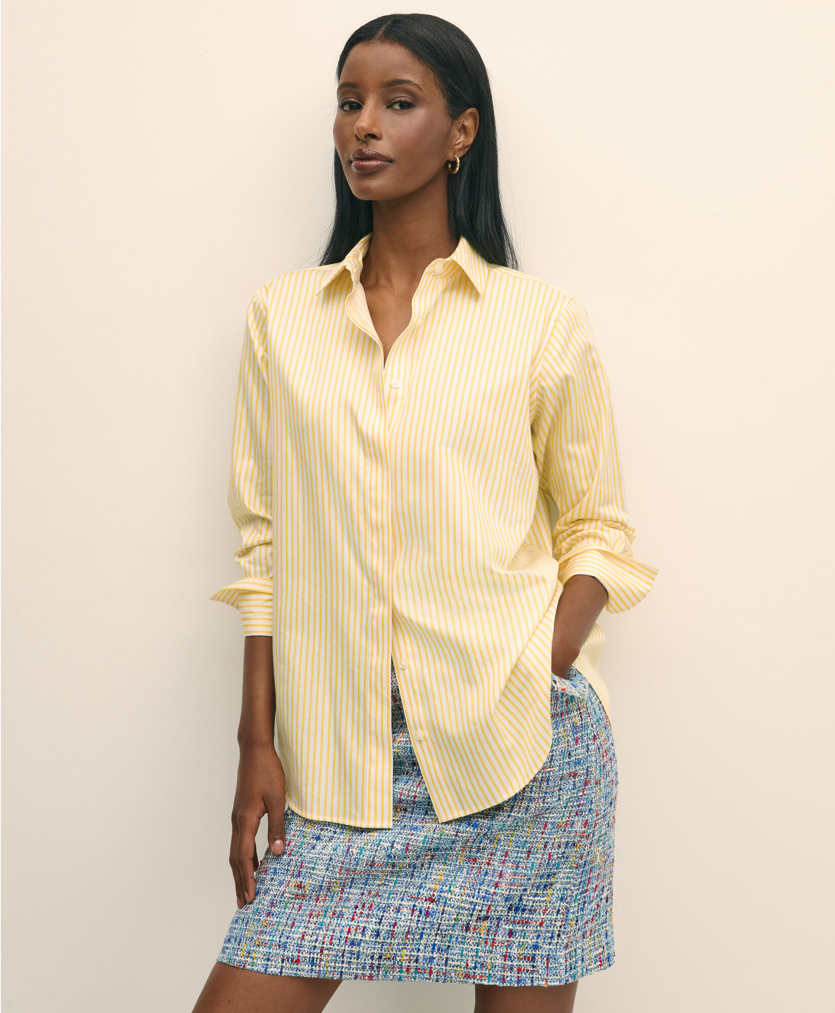 Brooks Brothers Relaxed Fit Cotton Satin Striped Shirt Yellow 1000103028US100218332