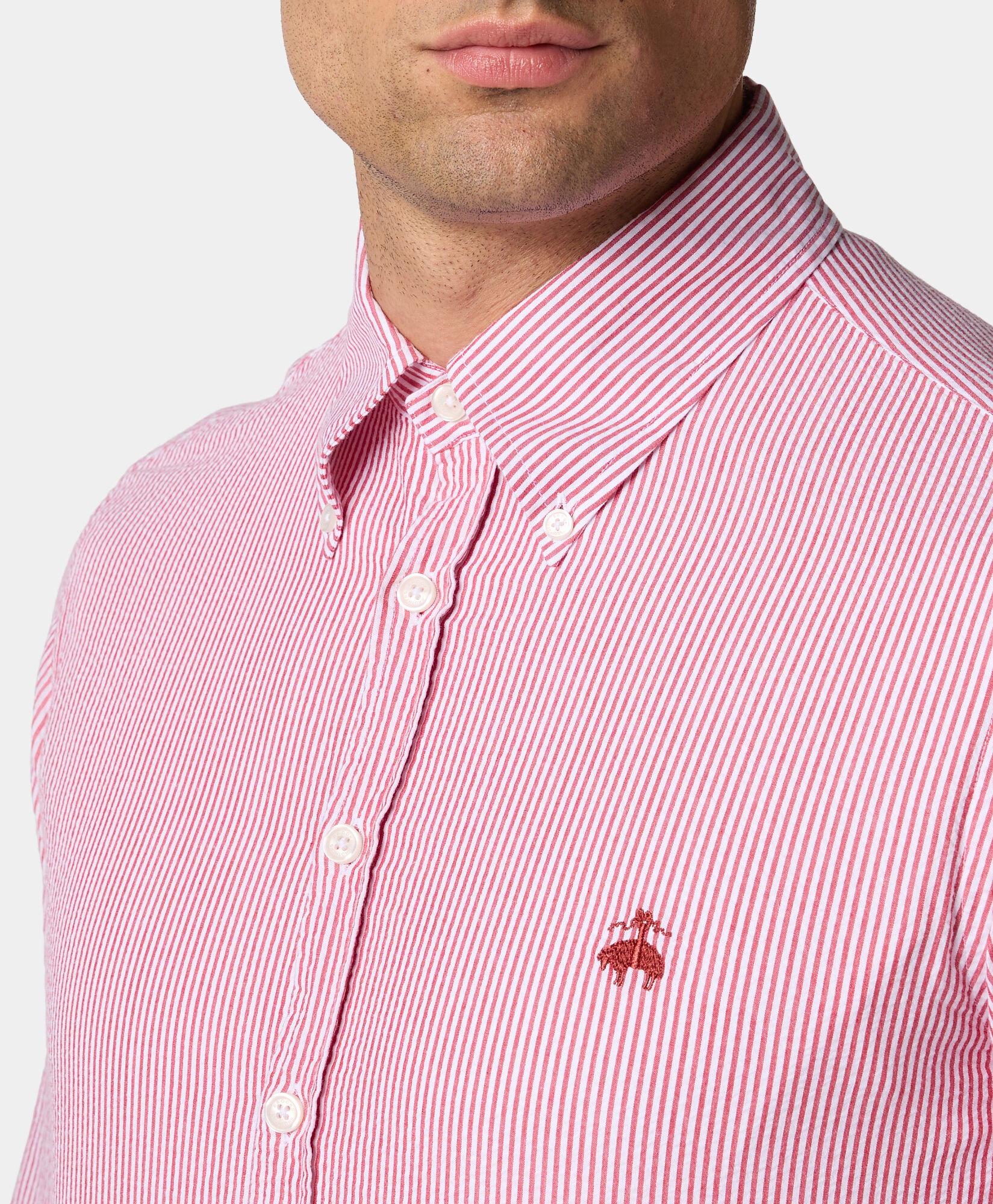Brooks Brothers Slim Fit Striped Seersucker Button Down Shirt Red CSHBD013COPCO001REDF0001