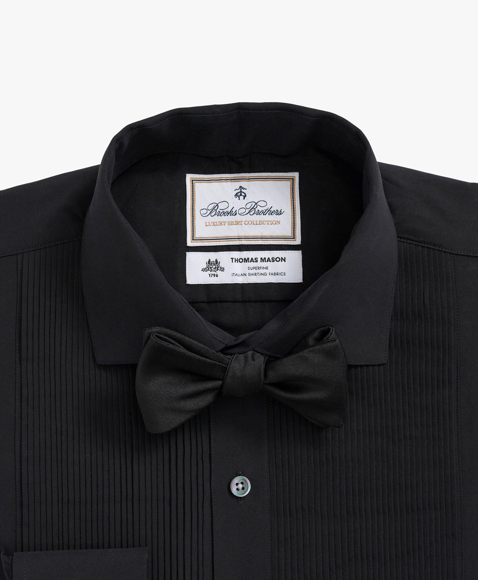 Black Brooks Brothers X Thomas Mason Cotton English Collar, Swiss Pleat Front Tuxedo Shirt