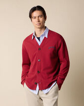 Brooks Brothers V-Neck Cotton Cardigan with Logo Print Burgundy