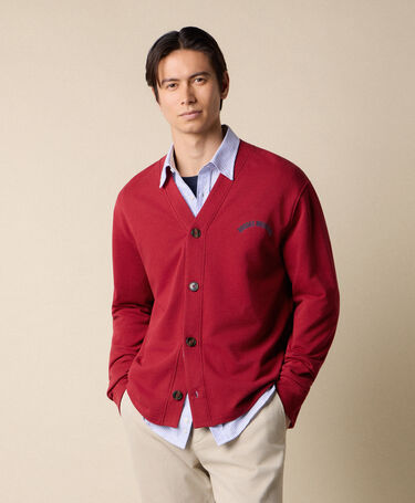 Brooks Brothers V-Neck Cotton Cardigan with Logo Print Burgundy