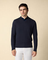 Brooks Brothers Suéter de Cuello en V de Algodón y Lino Orgánico Azul Marino