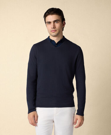 Brooks Brothers Organic Cotton-Linen V-Neck Sweater Navy