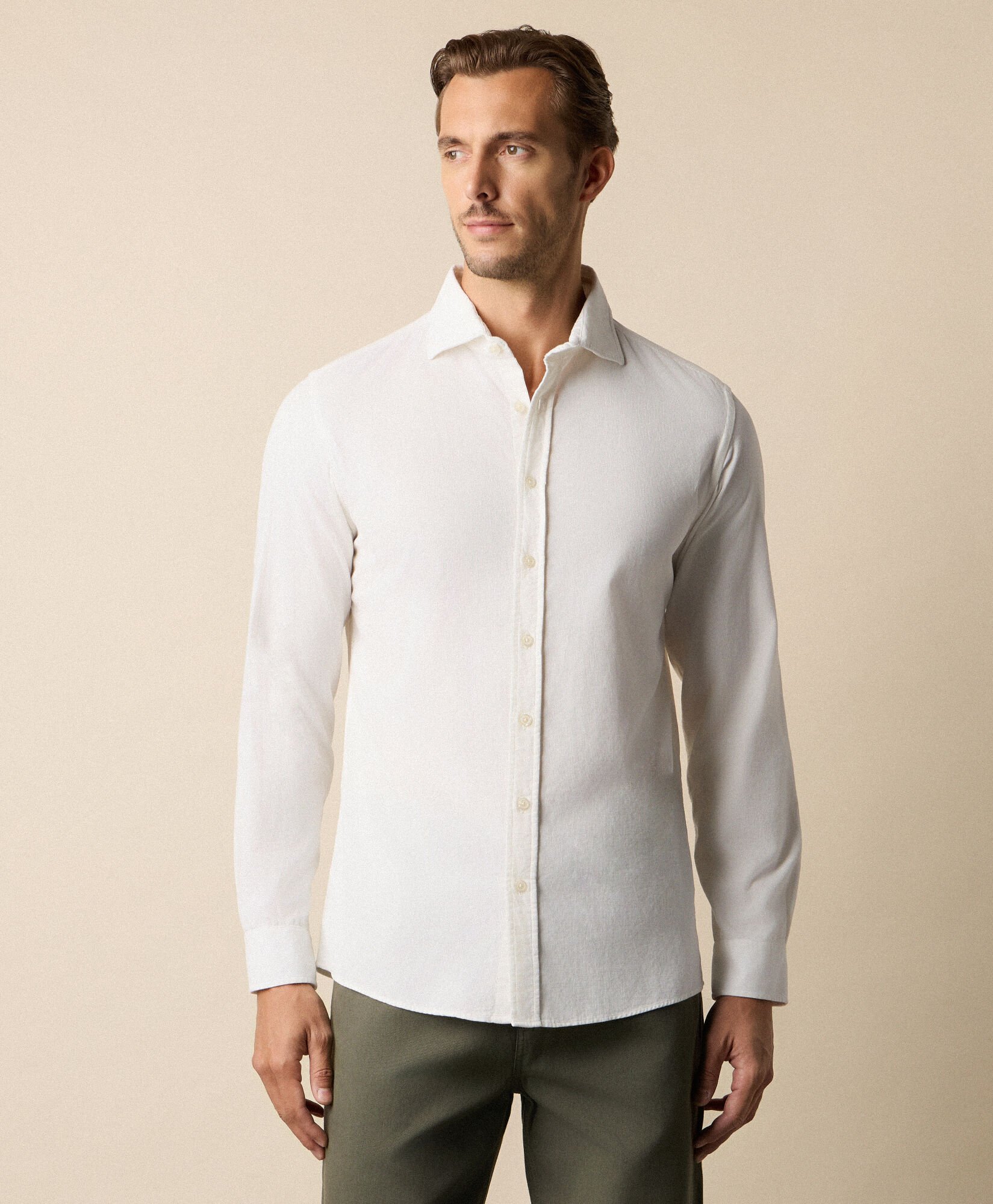 Slim Fit Cotton Corduroy Shirt with Spread Collar