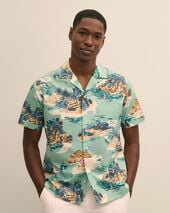 Brooks Brothers Island Print Cotton Camp Shirt Blue