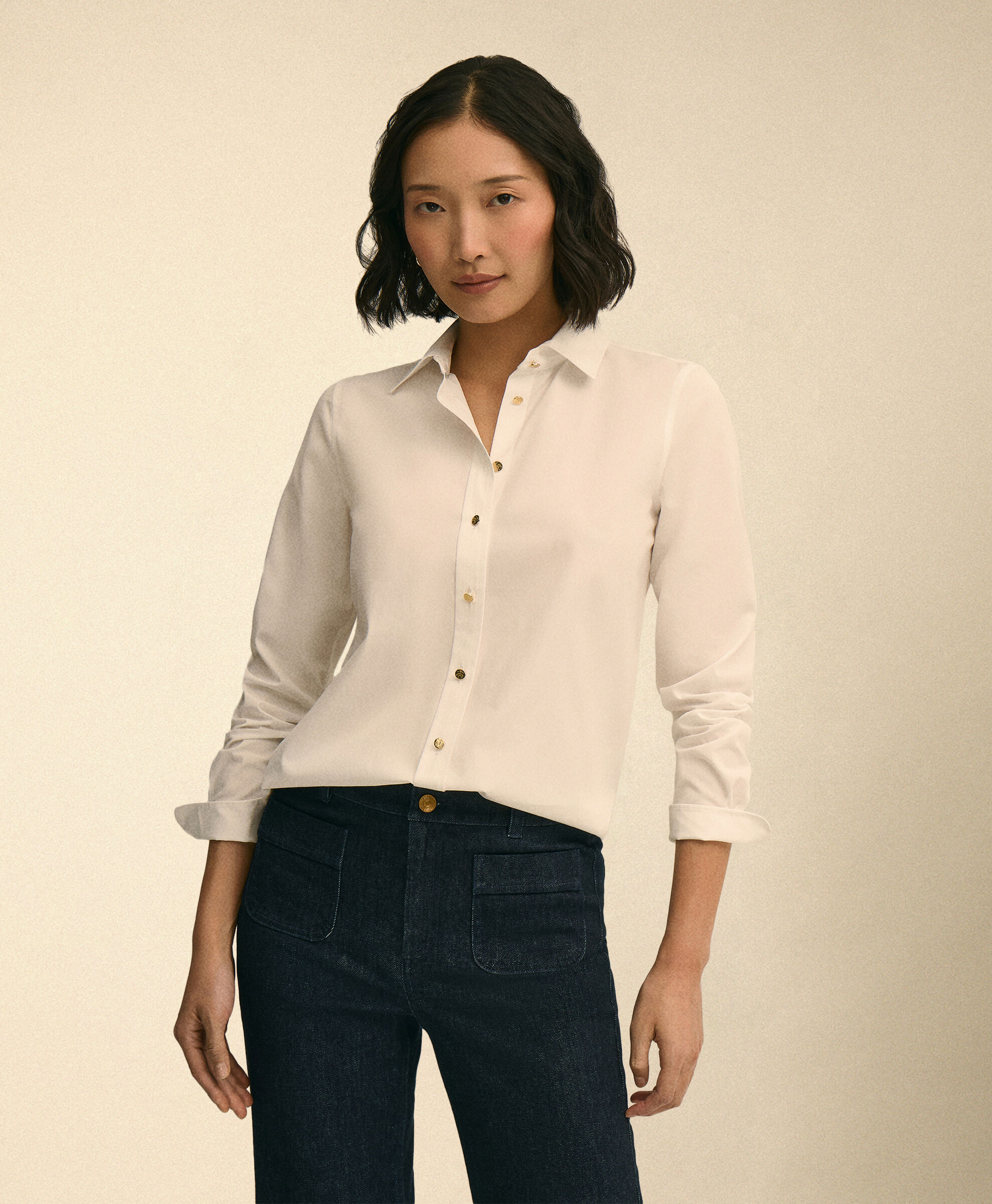 Supima Cotton Poplin Blouse with Gold Logo Buttons
