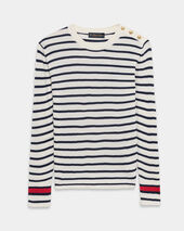 Brooks Brothers Striped Crewneck Sweater with Logo Gold Buttons Navy