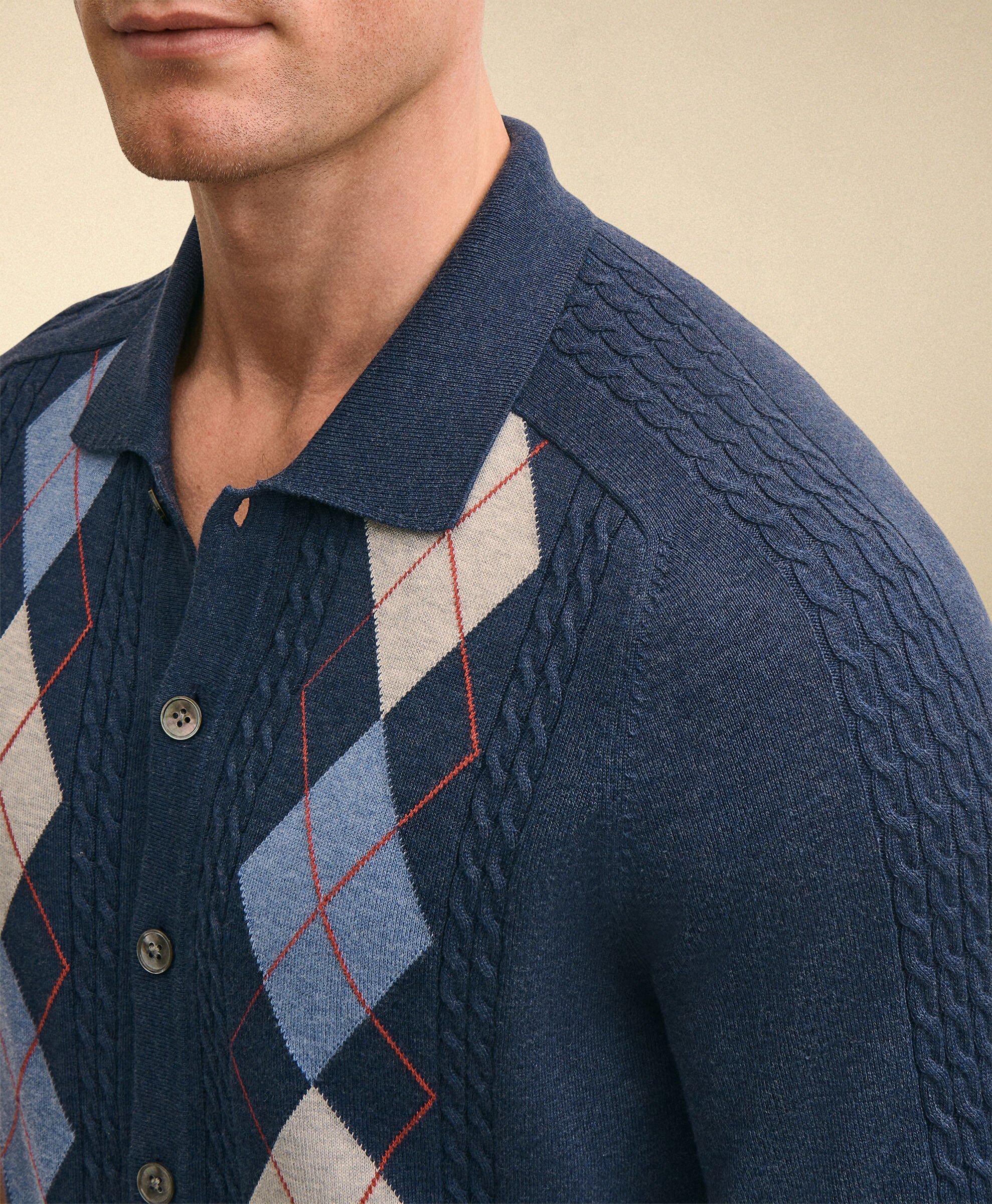 Jersey Intarsia Argyle Polo Cardigan