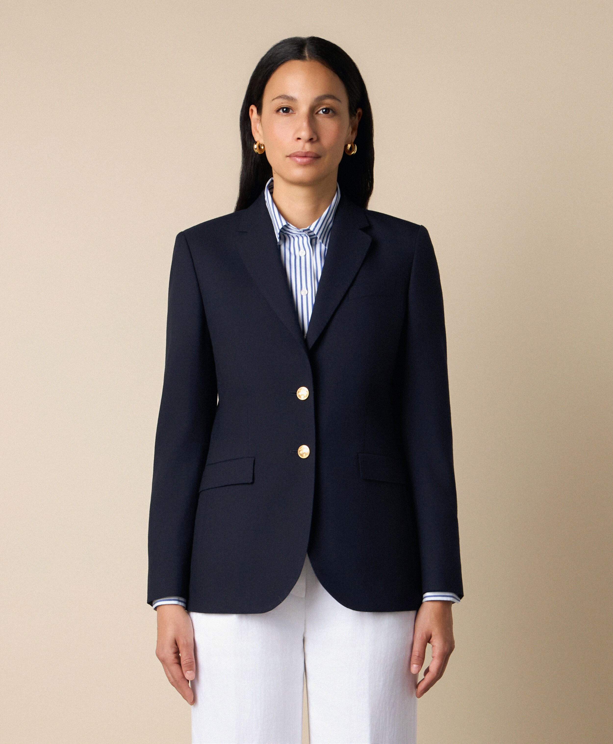 Hopsack Blazer with Gold Buttons in Navy for Women | Brooks