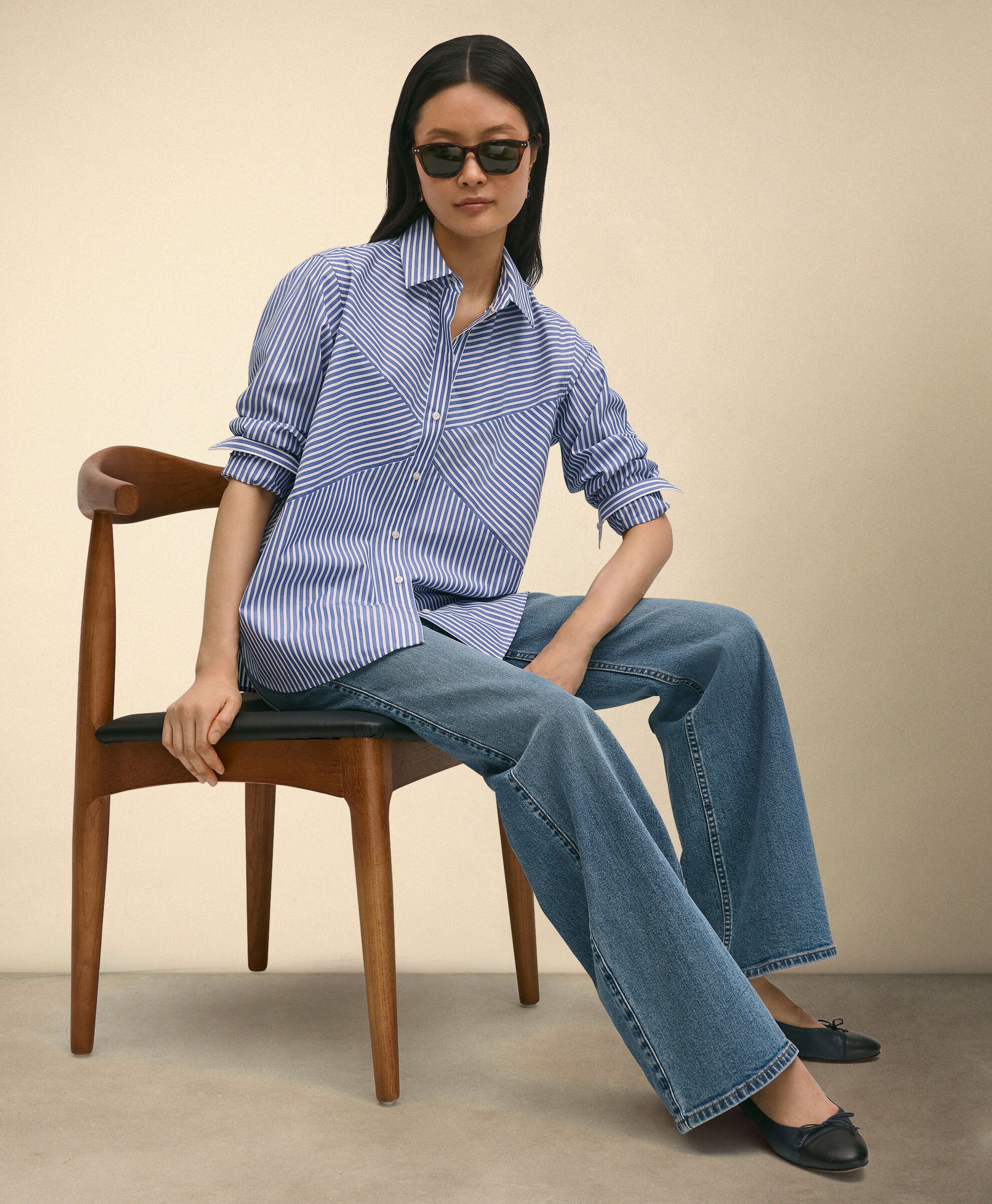 Relaxed Fit Striped Poplin Shirt with Forward Point Collar