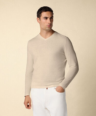 Brooks Brothers Organic Cotton-Linen V-Neck Sweater Sand