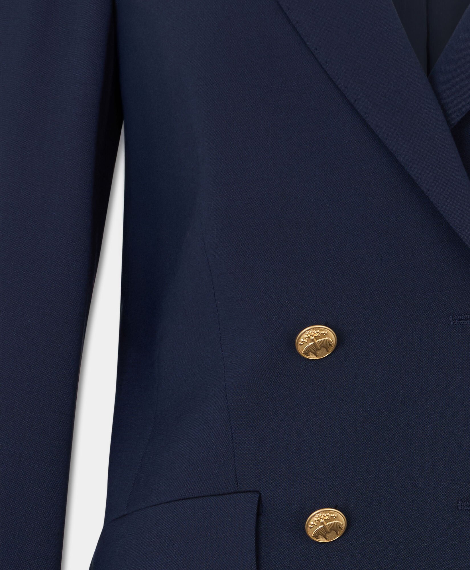 Double Breasted Wool Blend Blazer with Gold Buttons