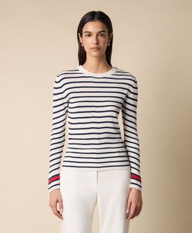 Brooks Brothers Pull à rayures col rond avec boutons logo dorés Bleu Marine