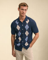 Brooks Brothers Jersey Intarsia Argyle Polo Cardigan Blue