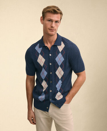 Brooks Brothers Jersey Intarsia Argyle Polo Cardigan Blue