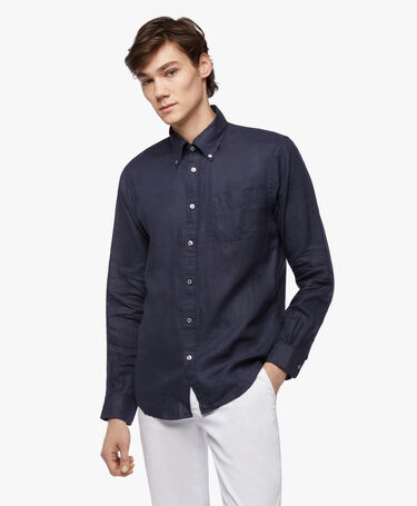 Brooks Brothers Regular Fit Leinenhemd mit Button-Down-Kragen Marineblau