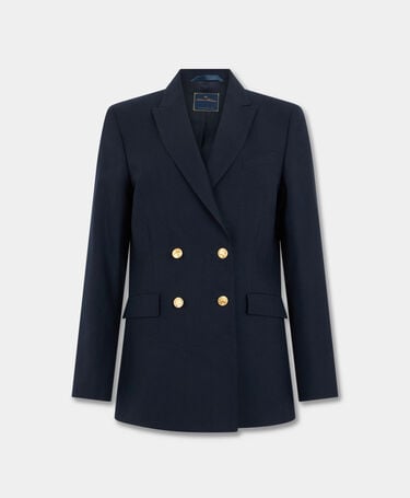 Brooks Brothers Zweireihiger Blazer aus Schurwolle Hopsack mit goldenen Knöpfen Marineblau
