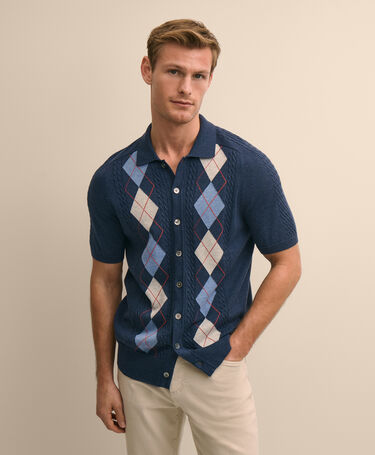 Brooks Brothers Jersey Intarsia Argyle Polo Cardigan Blue