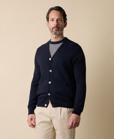 Brooks Brothers Cardigan en Coton-Lin avec Col en V Bleu Marine