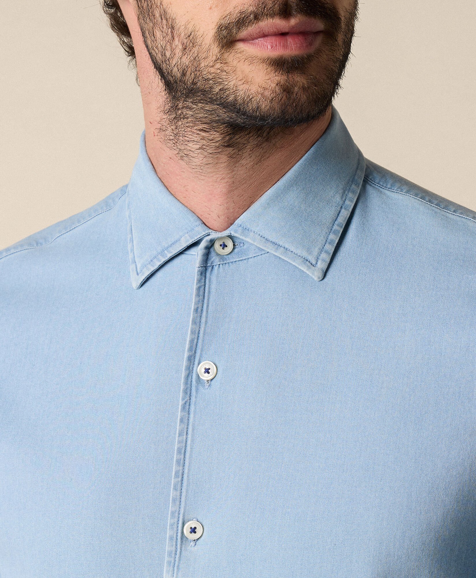 Slim Fit Denim Tencel Blend Shirt with Open Collar