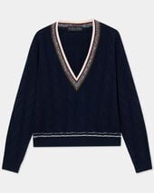 Brooks Brothers V-Ausschnitt-Zopfpullover aus Wolle-Kaschmir Marineblau