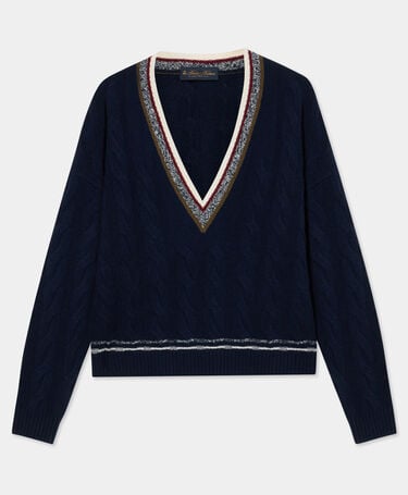 Brooks Brothers V-Ausschnitt-Zopfpullover aus Wolle-Kaschmir Marineblau