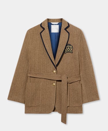 Brooks Brothers Kardigan-Blazer w Jodełkę ze Złotymi Guzikami Jasnobrązowy