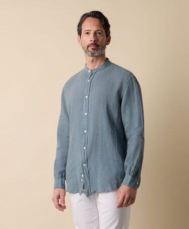 Brooks Brothers Regular Fit Linen Shirt with Stand Collar Petrol