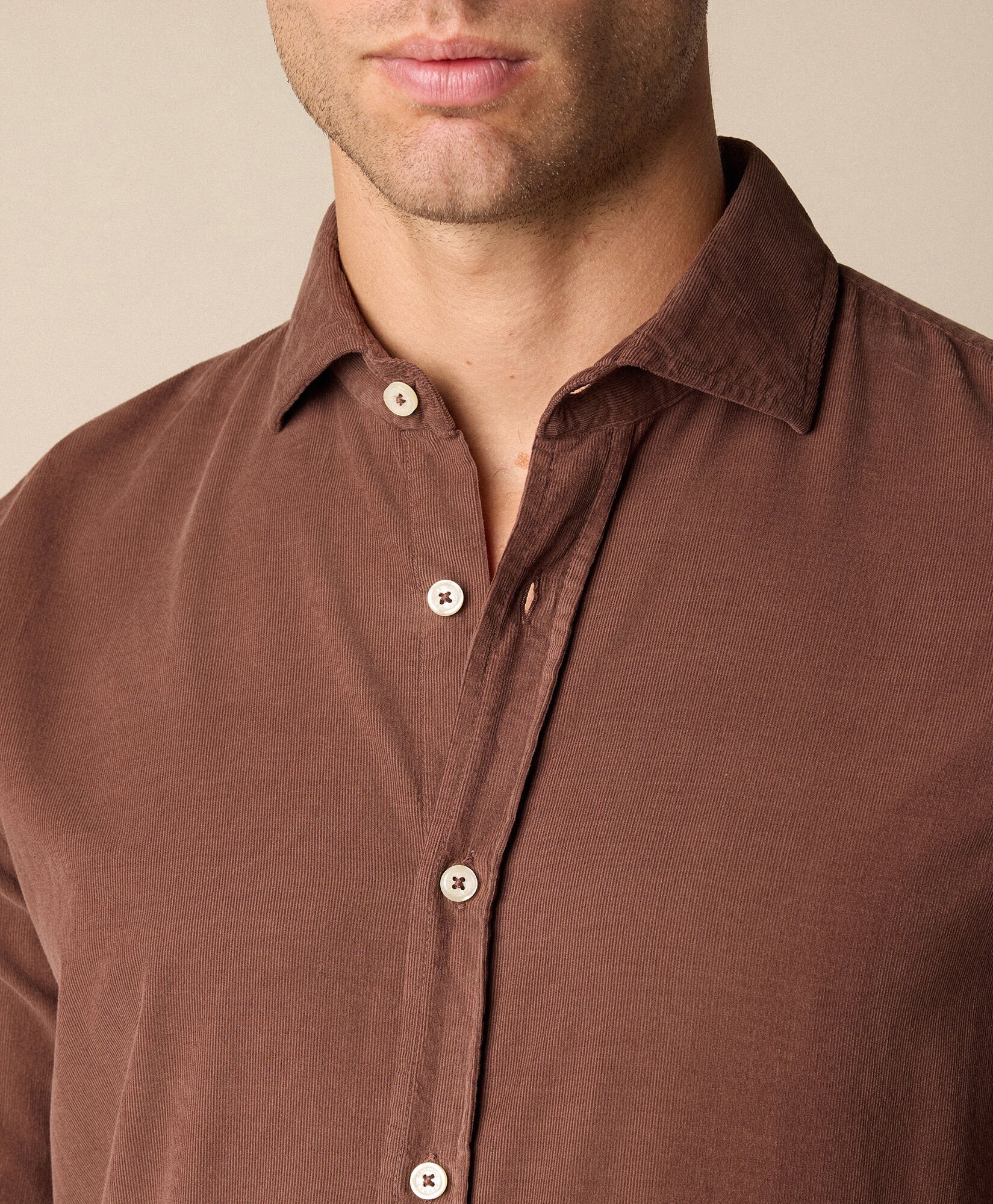 Slim Fit Cotton Corduroy Shirt with Spread Collar