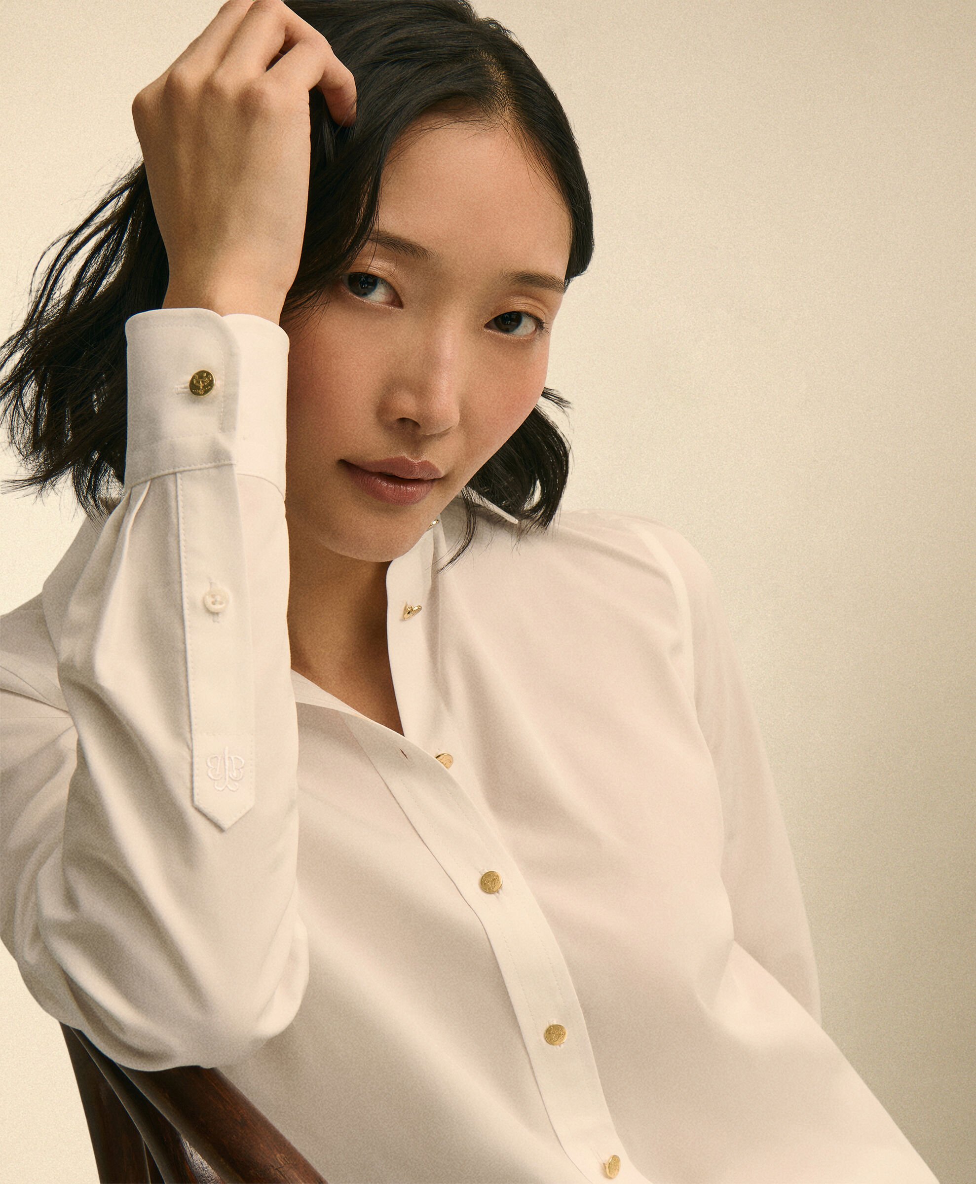 Supima Cotton Poplin Blouse with Gold Logo Buttons