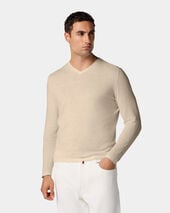 Brooks Brothers Organic Cotton-Linen V-Neck Sweater Sand