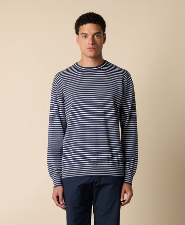 Brooks Brothers Pull col rond à rayures en Coton-soie-Lin Bleu