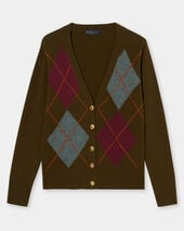 Brooks Brothers Intarsia-Cardigan Argyle aus Lammwolle mit goldenen Knöpfen Öl