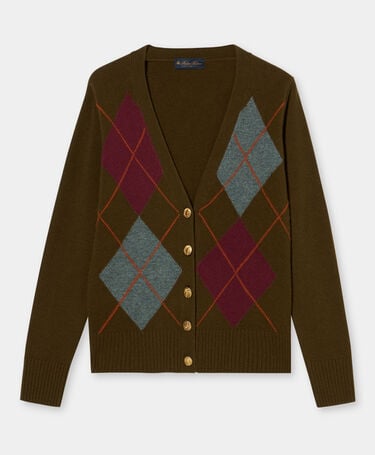 Brooks Brothers Intarsia-Cardigan Argyle aus Lammwolle mit goldenen Knöpfen Öl