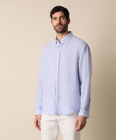 Brooks Brothers Regular Fit Linen Shirt with Button Down Collar Blue