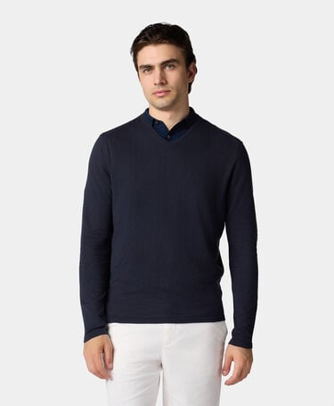 Brooks Brothers Bio-Baumwoll-Leinen-V-Ausschnitt-Pullover Marineblau