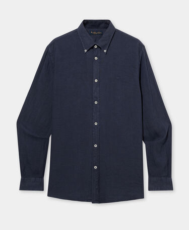 Brooks Brothers Slim Fit Linen Shirt with Button Down Collar Navy