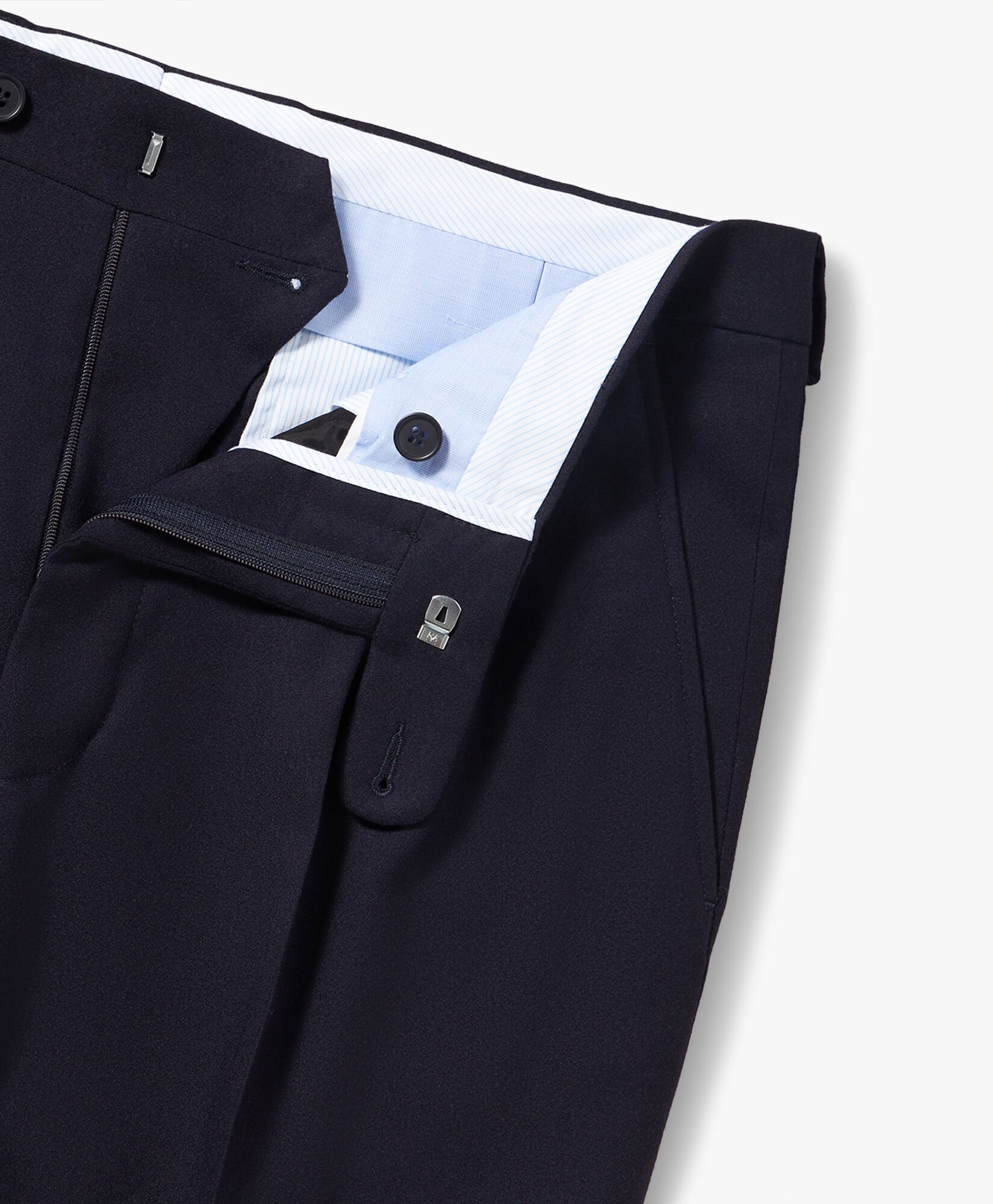 Navy Blue Wool Blend Regular Fit Trousers with Pleats