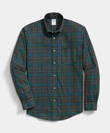 Brooks Brothers Slim Fit Non-Iron Plaid Stretch Twill Shirt with Button Down Collar Green