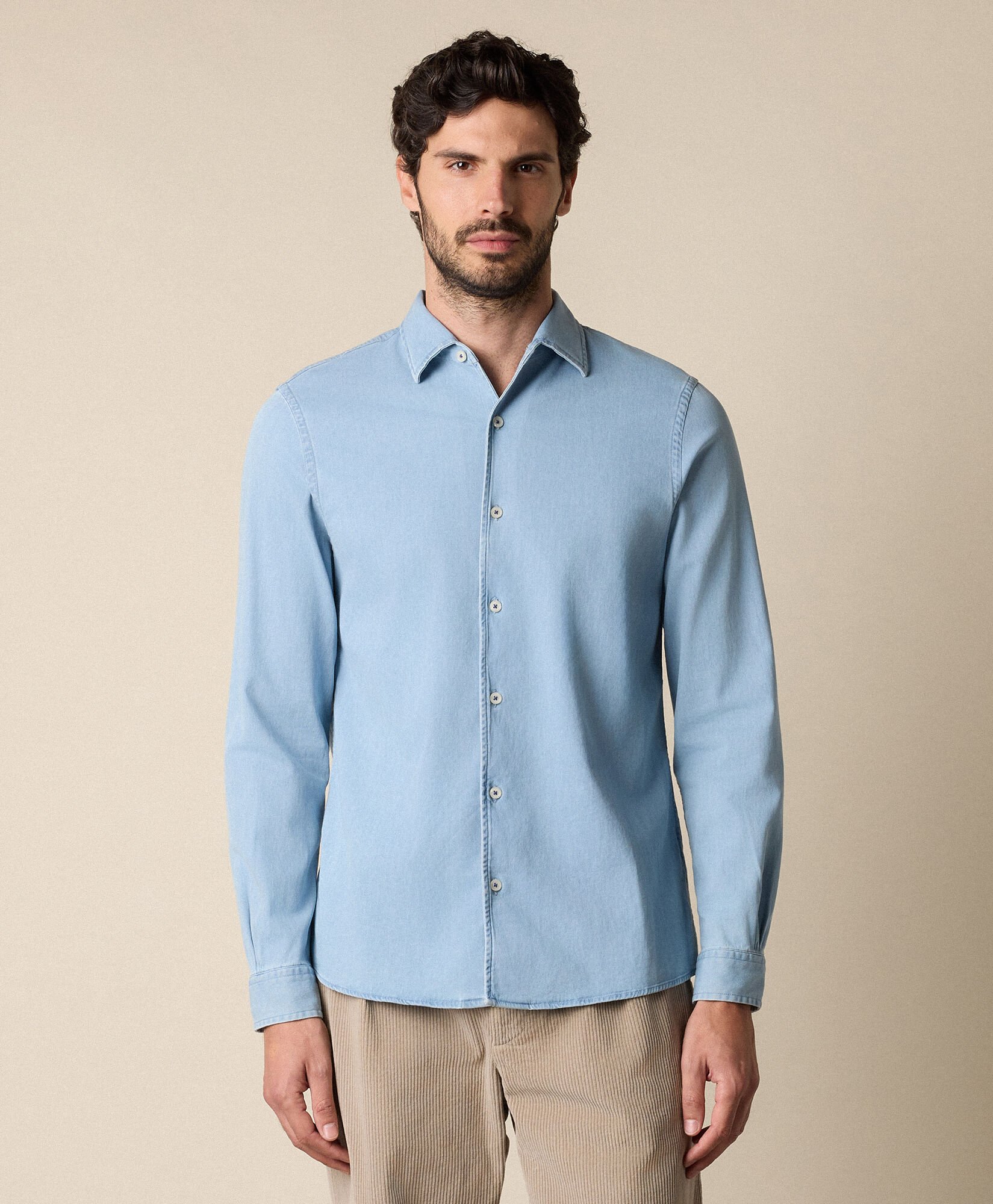 Slim Fit Denim Tencel Blend Shirt with Open Collar