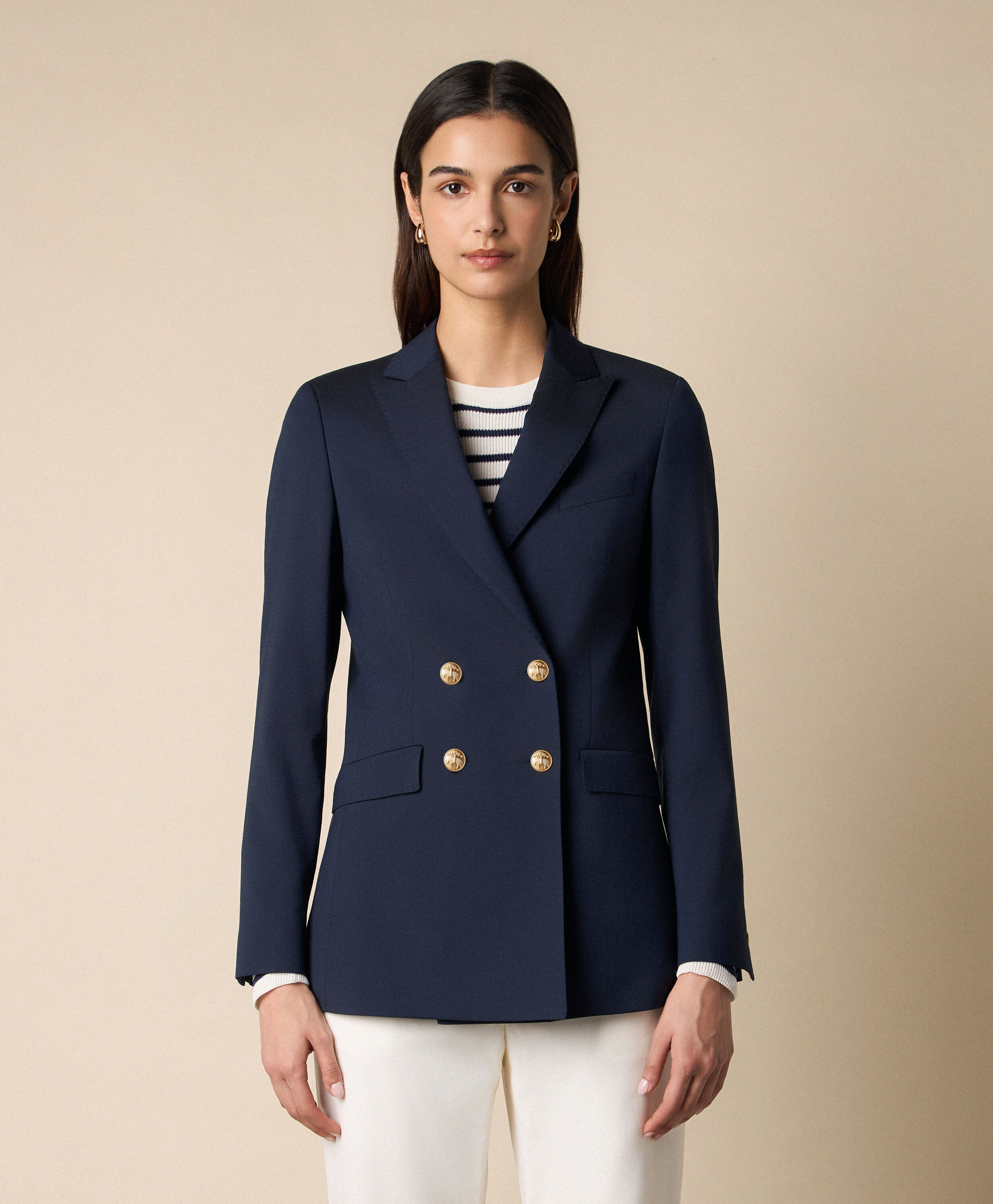 Double Breasted Wool Blend Blazer with Gold Buttons in Navy for