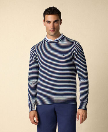 Brooks Brothers Striped Cotton-Silk-Linen Crewneck Blue