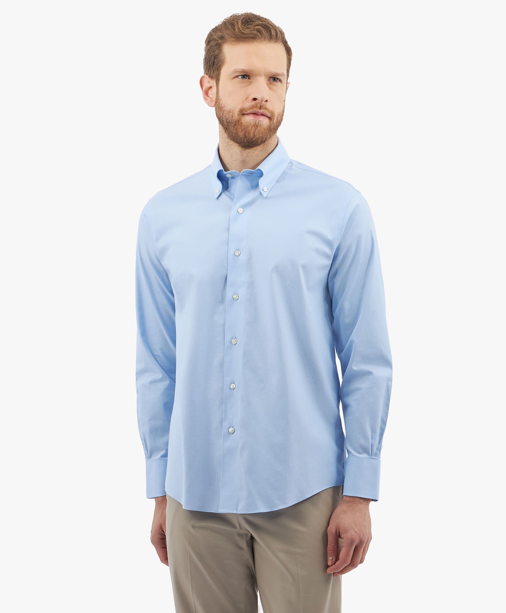 Hellblaues Regular-Fit Non-Iron Anzughemd aus Supima-Stretch-Baumwolltwill mit Button-Down-Kragen