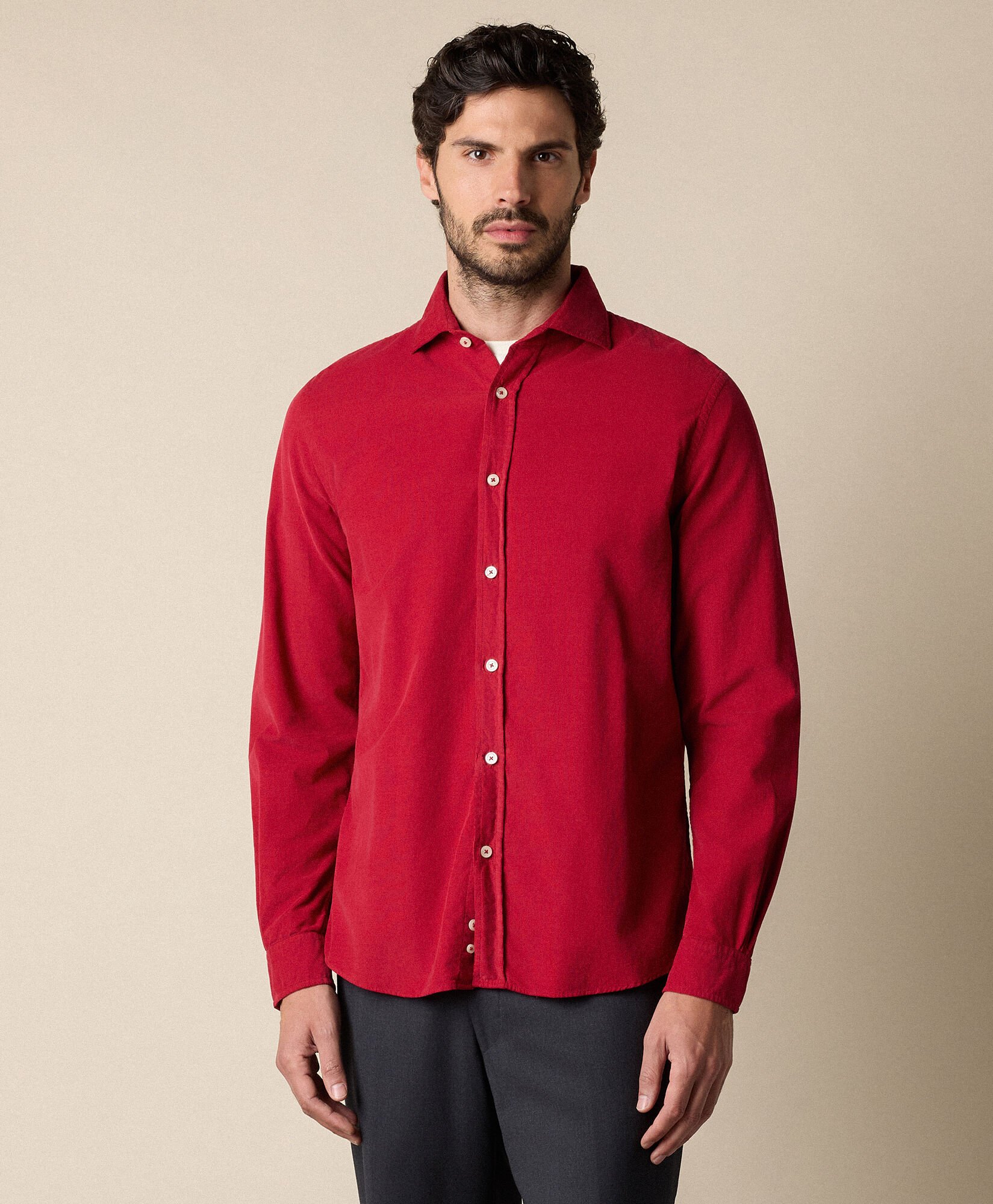 Slim Fit Cotton Corduroy Shirt with Spread Collar