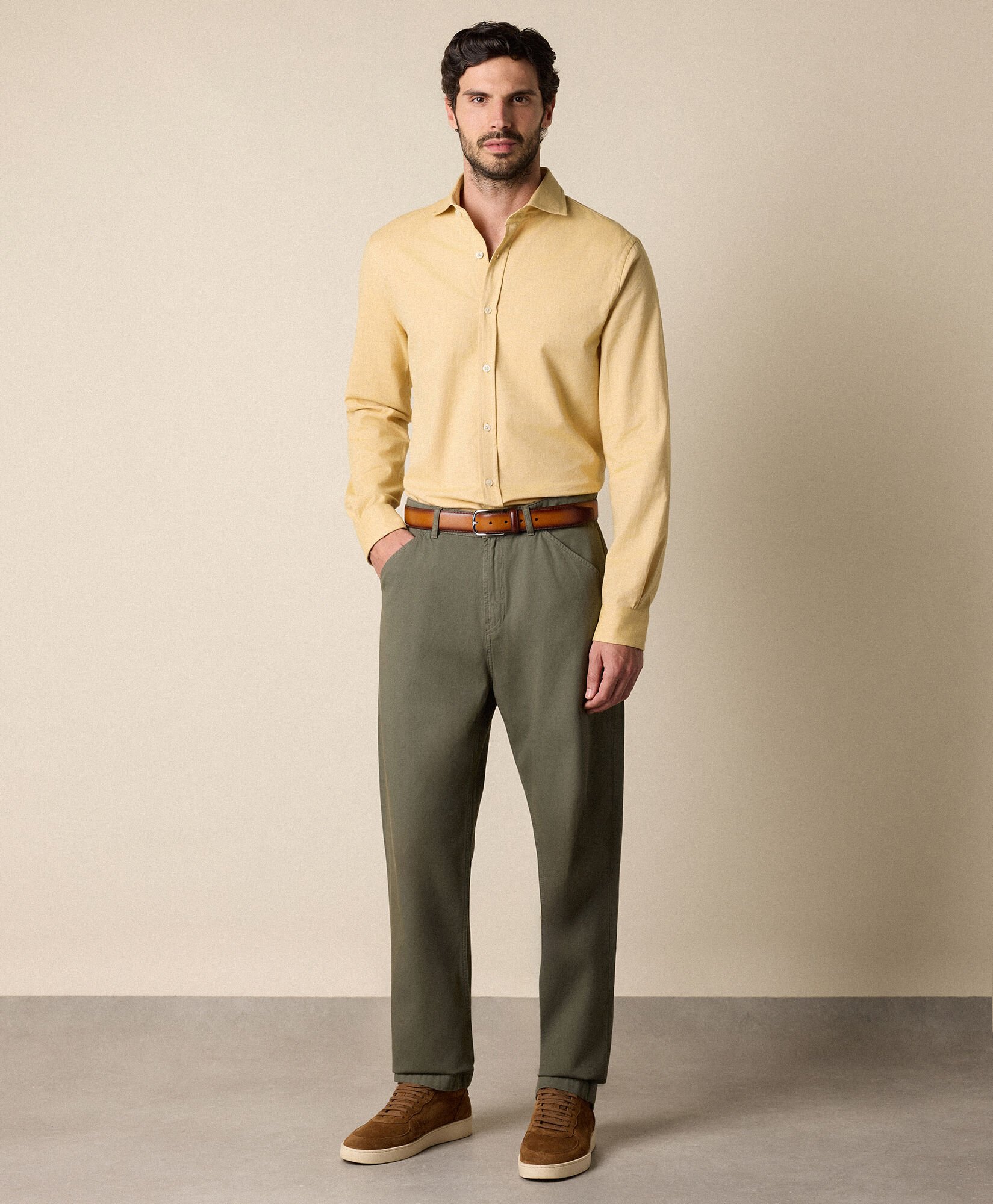 Slim Fit Melange Cotton Flannel Shirt with Spread Collar