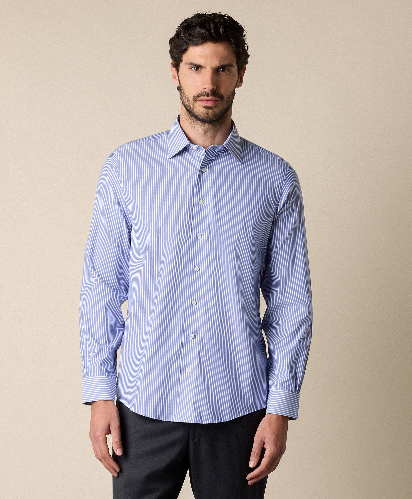 Slim Fit Non-Iron Striped Stretch Twill Shirt with Ainsley Collar