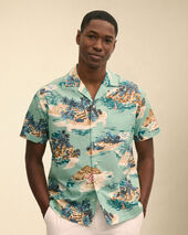 Brooks Brothers Island Print Cotton Camp Shirt Blue