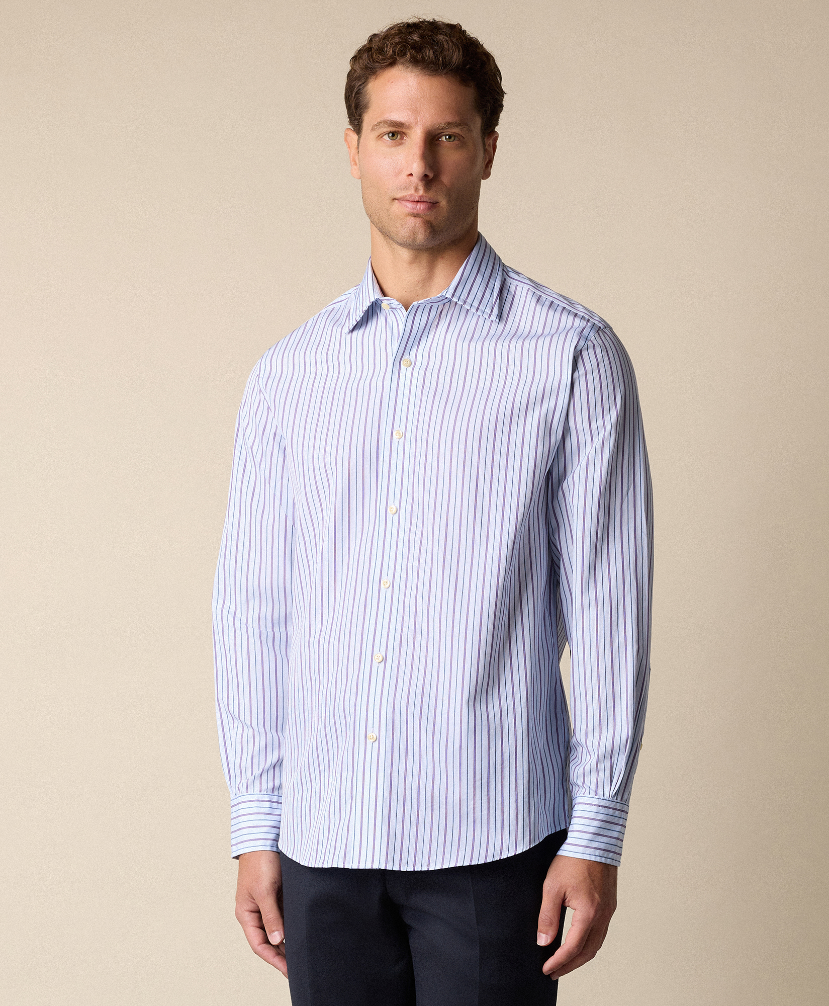  Brooks Brothers Thomas Mason Striped Regular Fit Cotton Shirt With Ainsley Collar - Man Dress Shirts Light Blue 17h 